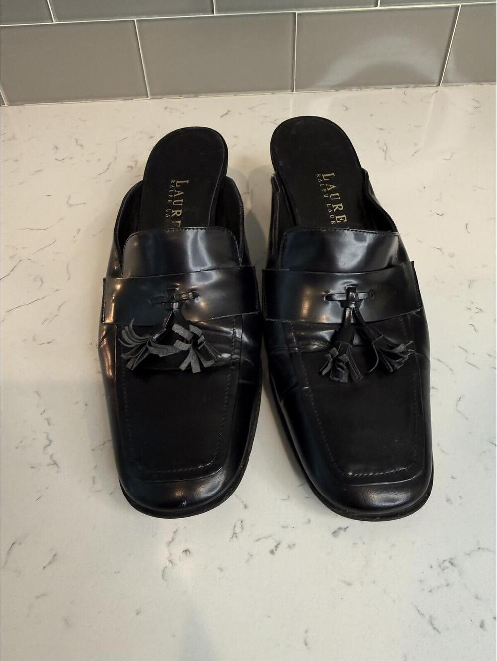 Lauren Ralph Lauren Black Leather Tassel Mule Heels Size 7B - Picture 2 of 6